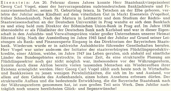 Připomínka pětasedmdesátin význačného bankovního odborníka Georga Carla Vogela (*1863 v Děčíně),
    který podle textu "prožil své dětství na otcovském statku Vogelhof v Železné Rudě"