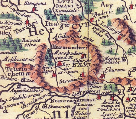 Na středověké mapě vidíme Čechy, podobné sopečnému kráteru, jako sídlo kmenen Hermundurů, údajně usazených zejména v jižních Čechách, s městem Marobudum, lokalizovaným prý některými historiky do okolí dnešních Budějovic