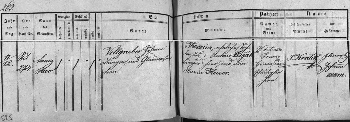 Záznam o jeho narození 11. února roku 1847 v českobudějovické matrice - maminka byla roz. Ružáková
i s tím háčkem a čárkou