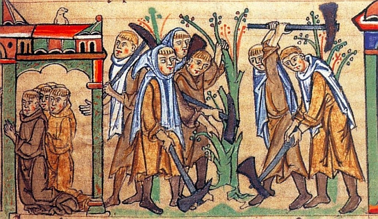 Cisterciácčtí mniši při práci a modlitbách