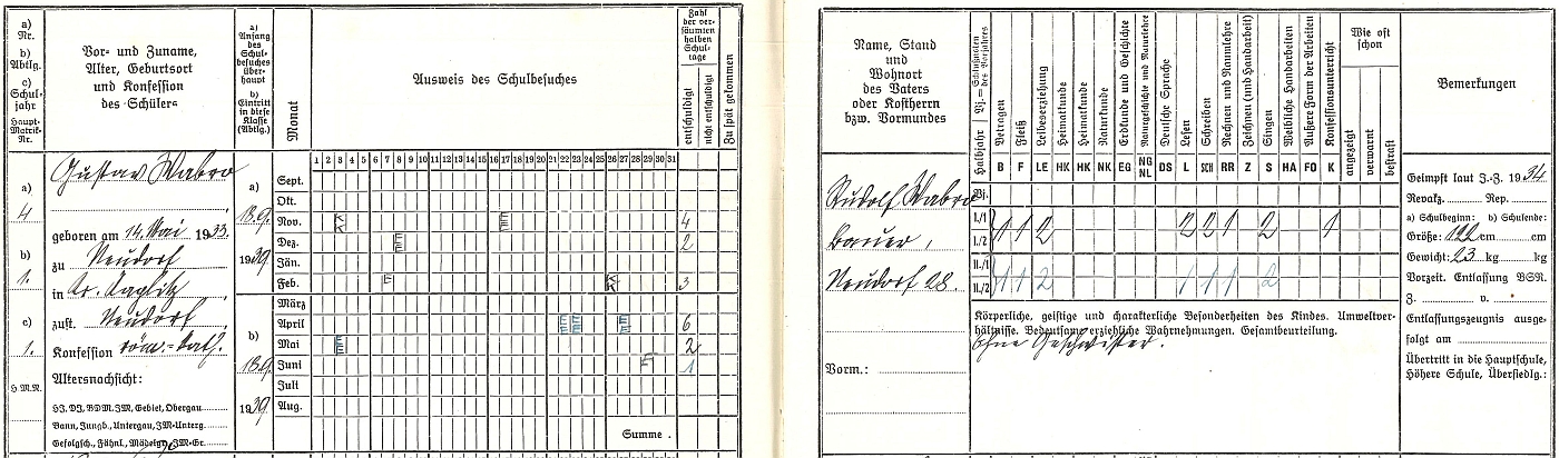 Jeho záznam ve třídním katalogu školy v Kondrači pro školní rok 1939/40, kdy tu chodil do první třídy