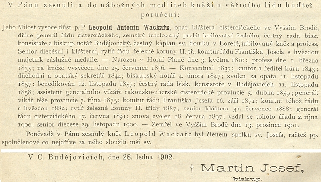 Zpráva o jeho úmrtí v ordinariátním listu budějovické diecéze