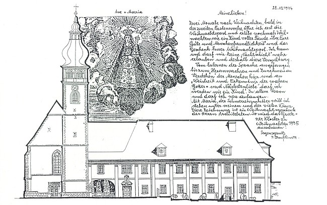 Jeho poděkování za vánoční poštu z února 1994 doprovází vyobrazení kostela a kláštera