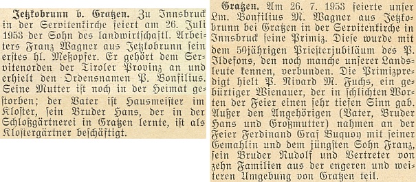 O jeho primici 26. července 1953 v Innsbrucku na stránkách krajanského měsíčníku