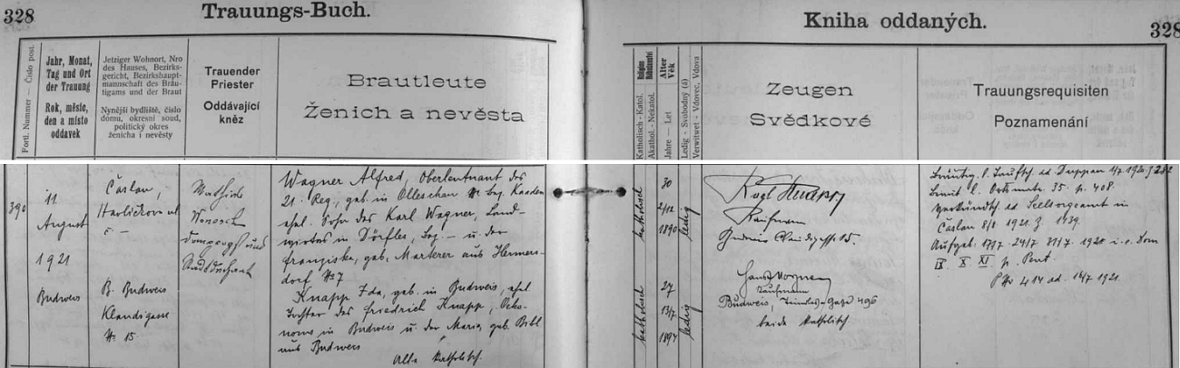 Záznam o českobudějovické svatbě jeho rodičů (a také rodičů jeho sestry Annemarie) Alfreda a Idy Wagnerových v srpnu roku 1921 - ženich s trvalou adresou v Čáslavi, kde sídlil 21. "český" pěší pluk, jehož byl důstojníkem v hodnosti nadporučíka, byl synem rolníka Karla Wagnera ze zaniklé Vísky (Dörfles) na Karlovarsku a jeho ženy Franzisky, roz. Martererové z rovněž dnes zcela zaniklého Heřmanova (Hermersorf) na Karlovarsku, nevěsta Ida, roz. Knappová, byla pak dcerou Friedricha Knappa a jeho ženy Marie, roz. Bieblové, obou z Českých Budějovic