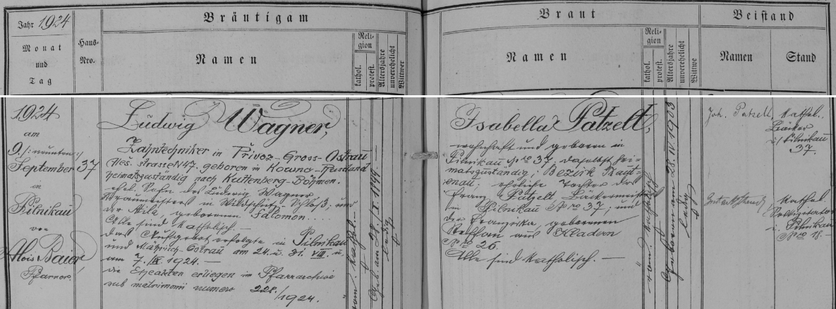 Záznam o svatbě v Pilníkově v trutnovské oddací matrice potvrzuje datum narození 28. ledna