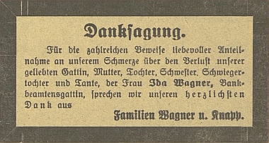 Poděkování za projevy soustrasti ke skonu její matky Idy Wagnerové na stránkách
českobudějovického německého listu v červnu roku 1931	