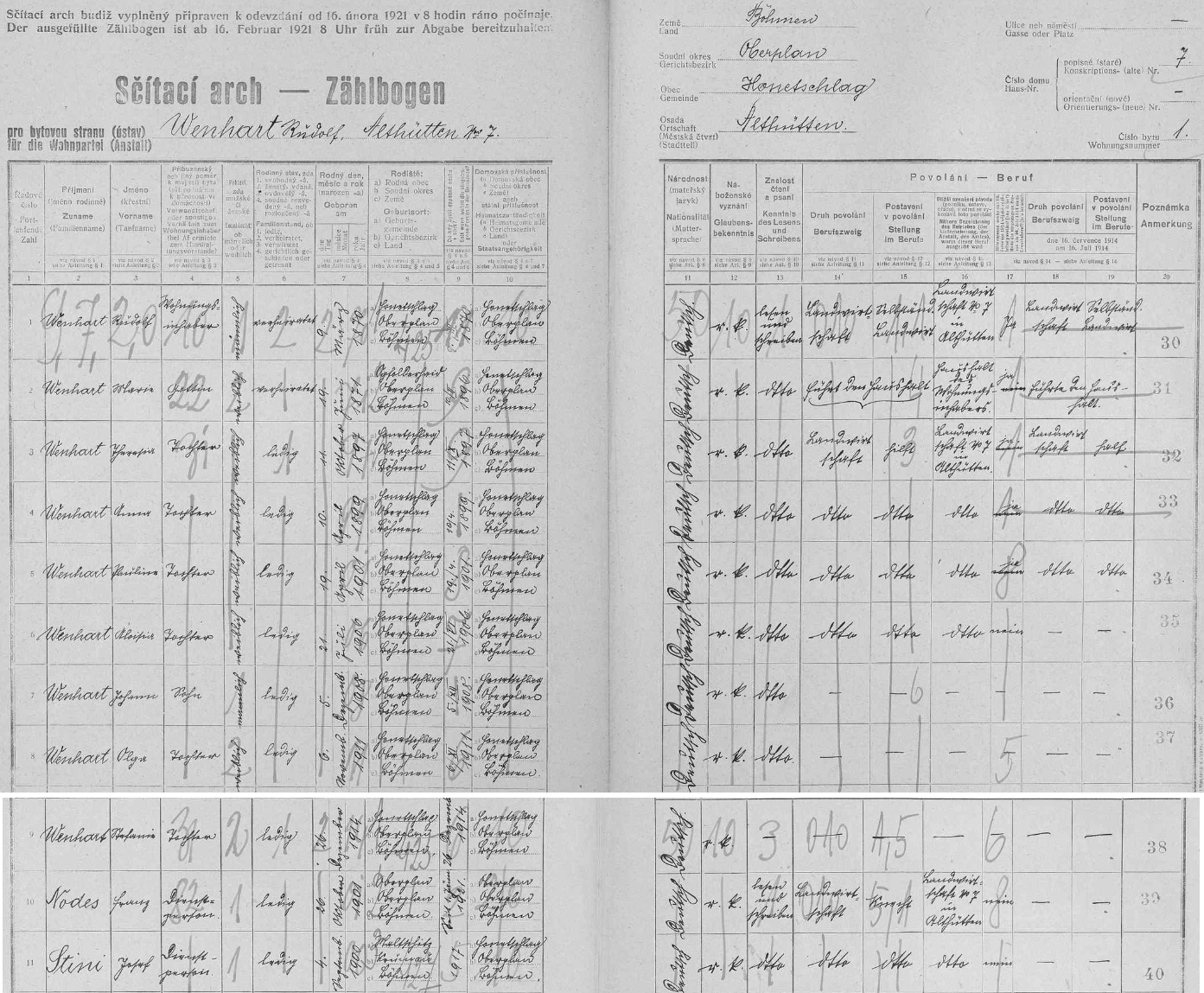Dva listy sčítání lidu z roku 1921 zaznamenávají na stavení čp. 7 početnou rodinu Wenhartovu se 6 dcerami, 1 synem a 2 služebnými osobami
