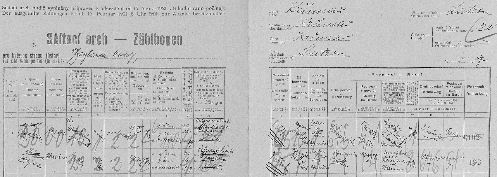 Arch sčítání lidu z roku 1921 pro dům čp. 20 na českokrumlovském Latráně, kde tehdy žil Adolf Zaglauer se svou ženou Christine
