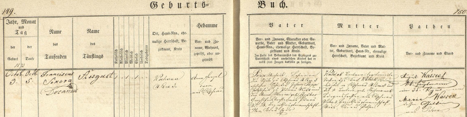 Podle tohoto záznamu z matriky farní obce Všeruby u Plzně narodil se tu 3. října roku 1873 (dva dny nato ho děkan Franz Sikora ve zdejším kostele sv. Martina i pokřtil jménem August Popp) v domě čp. 3 učiteli Michaelu Poppovi (jeho otec Johann Popp byl polodvorníkem /pololáníkem/ v Boněnově /Punnau/ čp. 34, kde hospodařil se svou ženou Annou Marií, roz. Ströherovou, dcerou celoláníka z Boněnova čp. 26) a jeho ženě Barbaře, legitimizované dceři Karla Waldeka, ranhojiče ve Všerubech u Plzně čp. 3, a jeho choti Babrbary, roz. Heitmanekové, měšťanské dcery ze Všerub u Plzně čp. 11 - jako kmotři jsou psáni August Waldek, c.k. hejtman (kapitán) 35. pluku v Plzni a jeho žena Maria Waldeková, rovněž z Plzně