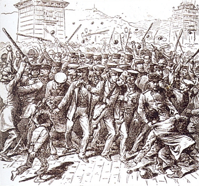 Kreslená pohlednice zachycuje pražské nepokoje roku 1897, které nabyly antisemitského rázu
("Praha jest antisemitskou", prohlásil tehdy mladočeský poslanec Eduard Grégr)