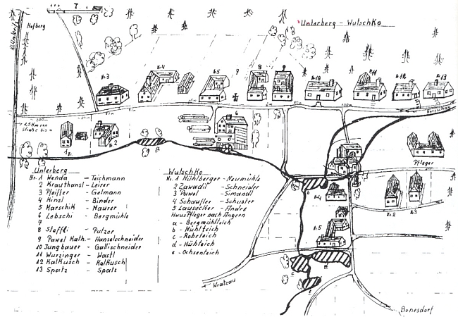 Plánek vsí Unterberg (Střelcův Dvůr) a Bočkov k jeho textu o nich