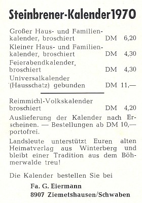 Ještě na rok 1970 nabízel tento inzerát
ze Švábska tradiční Steinbrenerovy kalendáře