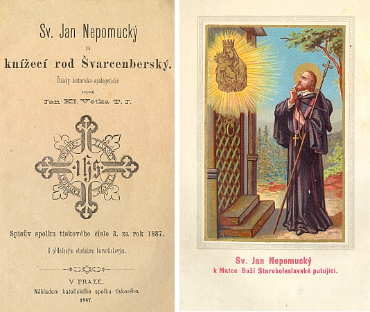 Frontispis a titulní list (1887) jiného Votkova spisu o sv. Janu Nepomuckém, tentokrát o světcově úctě ve šlechtickém rodu schwarzenberském