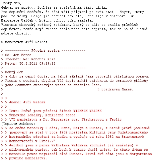 Výměna dopisů s příslušníkem rodu Waldekových, který se ozval v květnu roku 2011 s cennými připomínkami