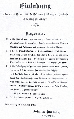 Pozvánka (1893) ke slavnostnímu zahájení provozu "lokální dráhy" Strakonice-Vimperk