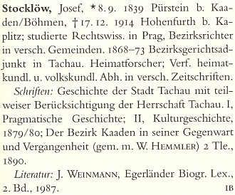 Heslo Josefa Stocklöwa v německém literárním lexikonu (2000) kupodivu jeho pseudonym neuvádí