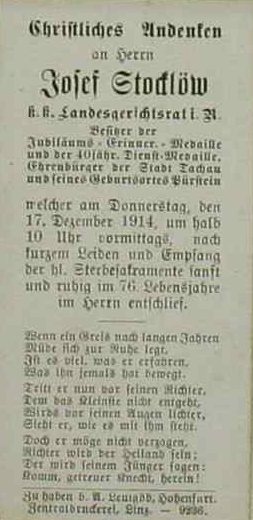 Úmrtní lístek z prosince 1914, vlepený při jeho úvodním textu kroniky obce Vyšší Brod, je poctou člověku, který stál u samého zrodu zdejší novější historiografie