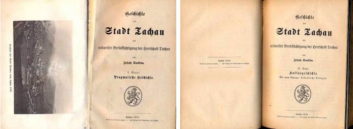 Titulní listy (1878) dvou dílů jeho dějin města Tachova z antikvární nabídky