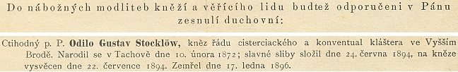 Záznam o úmrtí jeho dvaadvacetiletého syna Gustava Stocklöwa, řádovým jménem Odilo, konventuála cisterciáckého kláštera ve Vyšším Brodě, v ordinariátním listu budějovické diecéze