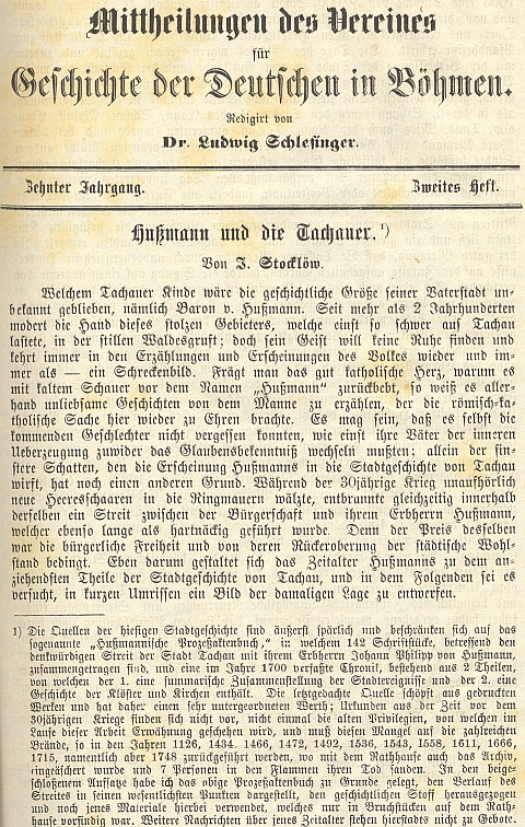 Úvod jeho článku o baronu von Hußmann, postavě z dějin města Tachova i místních pověstí