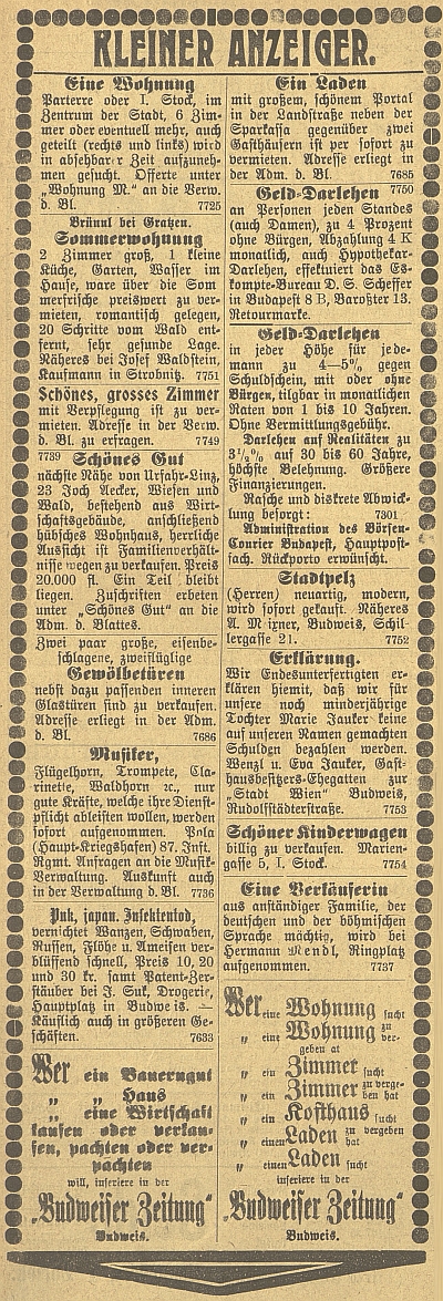 Stránka s inzeráty v českobudějovickém německém listu včetně toho jeho