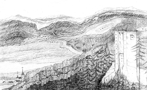 Hrad Kašperk s Kašperskými Horami dole vlevo na její kresbě, vzadu se u Rejštejna
stéká Losenice s mladou Otavou (Ohe) v Otavu (Wottawa)