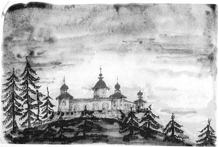 Poutní kostel Andělů Strážců nad údolím Otavy u Sušice na její kresbě