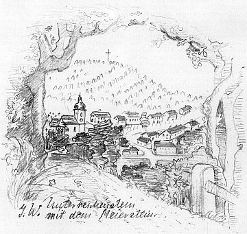 Tady podepsala iniciálami svého jména i pohled na Rejštejn s vrchem v pozadí zvaným "Meierstein"