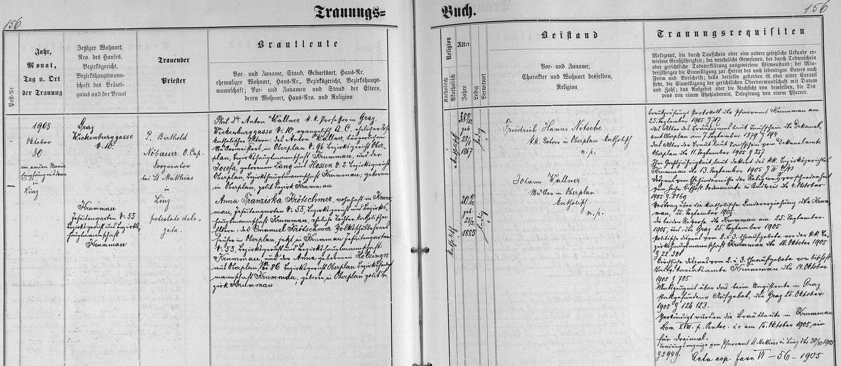 Záznam v českokrumlovské "Knize oddaných" o jeho svatbě 30. října 1905 v novém kostele Navštívení Panny Marie v Linci s Annou Franziskou Krötschmerovou, rodem z Horní Plané jako on (jen ženichova maminka Josefa, roz. Langová, byla z dnes zcela zaniklého Hostinova)