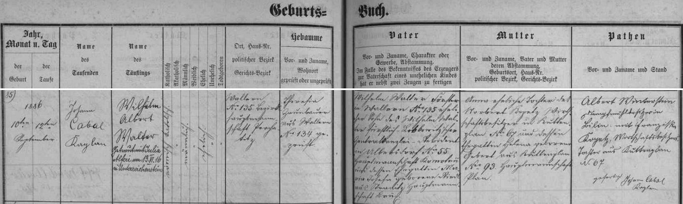 Záznam volarské matriky o narození a křtu jeho otce Wilhelma Waltera "staršího" 10. a 12. září roku 1886 ve Volarech čp. 135, kde bydlil novorozencův otec, lesní Wilhelm Walter "nejstarší" (1853-1942), syn Wilhelma Waltera "ještě staršího", revidenta lobkovické knížecí ústřední kanceláře ve dnes kvůli těžbě uhlí zcela zaniklých Albrechticích (Ulbersdorf) čp. 55, tehdejší okres Chomutov (Komotau), a Marie Josefy, roz. Rindlové ze dnes rovněž kvůli těžbě uhlí zcela zaniklých Stráncí (Stranitz), okres Most (Brüx), se svou ženou a matkou Wilhelma "staršího" Annou, dcerou Norberta Kopetze, majitele hospodářství v Chodové Plané (Kuttenplan) čp. 67, a Heleny, roz. Gebertové z Chodové Plané čp. 93 - pozdější přípis nás zpravuje o svatbě Alfredova otce s Julií Alferiovou, Alfredovou matkou, dne 13. června roku 1916 v Rejštejně (Unterreichenstein)