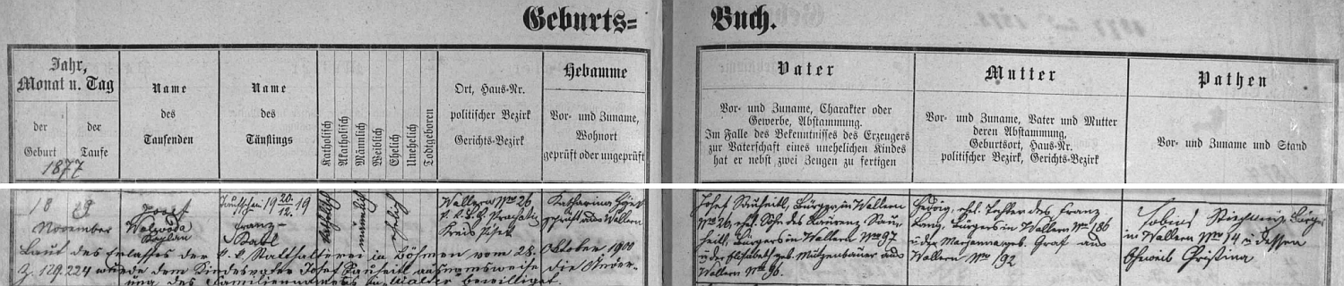 Záznam volarské křestní matriky o narození dědově s přípisem o změně příjmení ze "Sauheitl" na "Walter"
