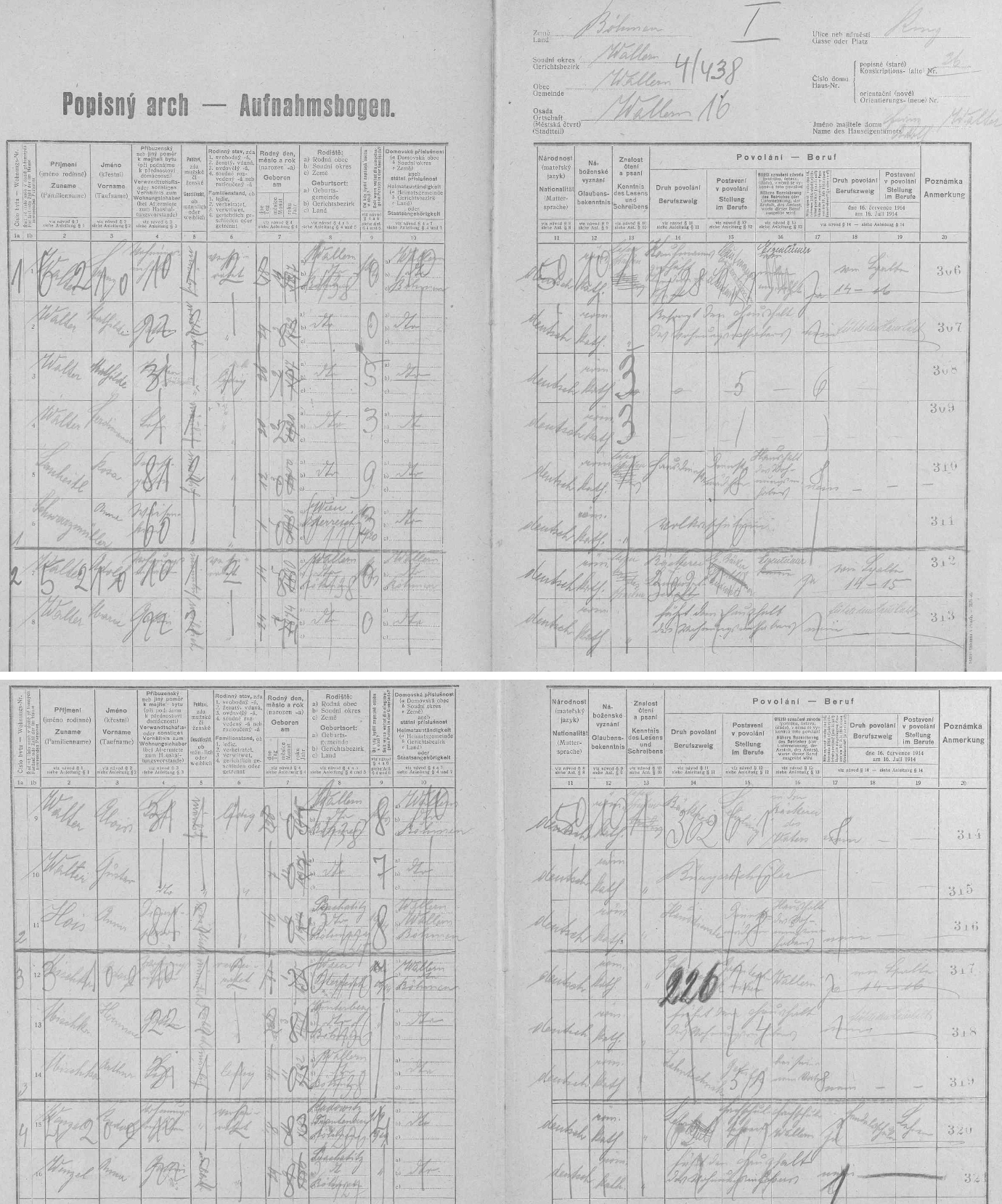 Dva archy sčítání lidu z roku 1921 pro volarský dům čp. 26 s početnými rodinami Walterových