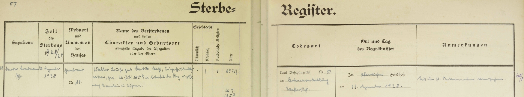 Záznam o manželčině úmrtí v knize zemřelých farní obce Schwarzau am Steinfeld s chybou v datu narození