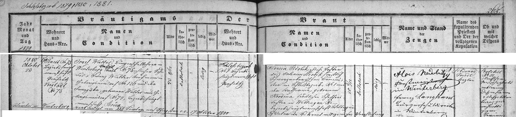 Záznam vimperské oddací matriky o jeho zdejší svatbě 23. října roku 1880, kdy mu jedním ze svědků byl Alois Nedobitý