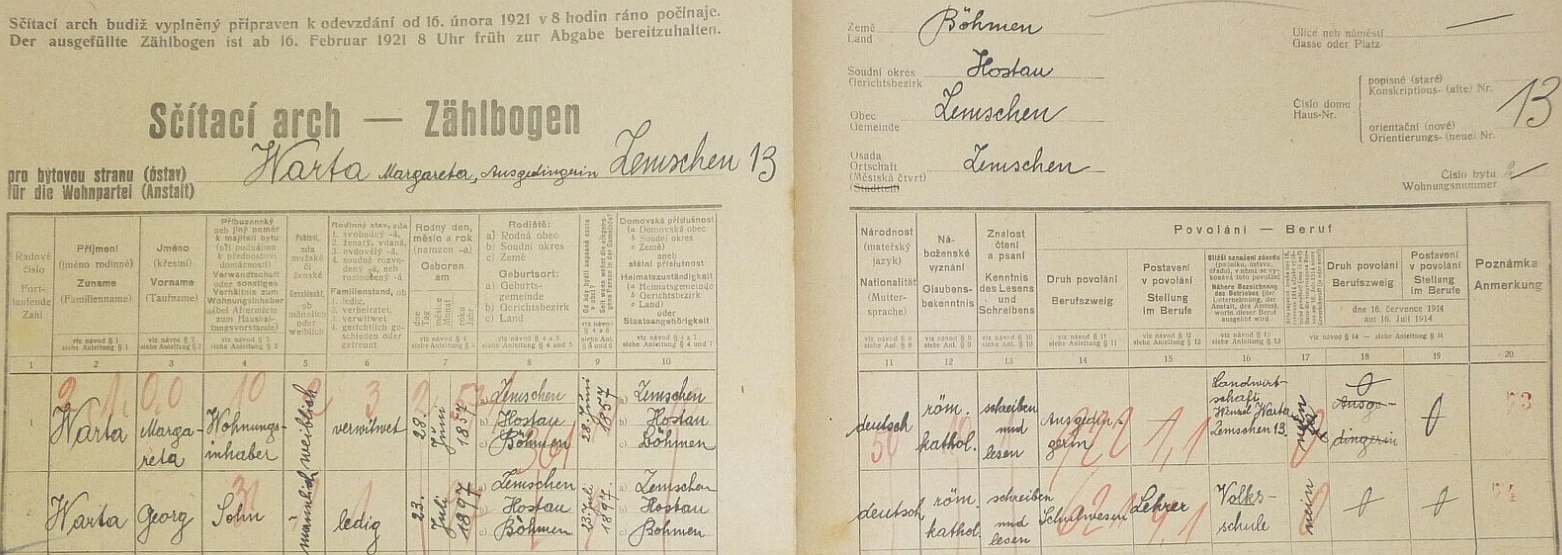 Arch sčítání lidu z roku 1921 pro stavení čp. 13 v Třemešném se vdovou a synem Wartovými