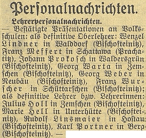 Informace o jeho jmenování definitivním řídícím učitelem v Třemešné v českobudějovických německých novinách