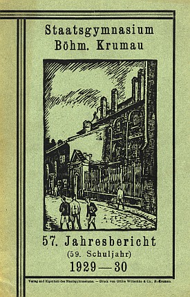 Dvě obálky výročních zpráv německého Státního gymnázia v Českém Krumlově (v budově dnešního muzea)
i s jeho vnější podobou na grafikách Felixe Schustera, uvnitř jedné ze zpráv s projevem Wastlovým