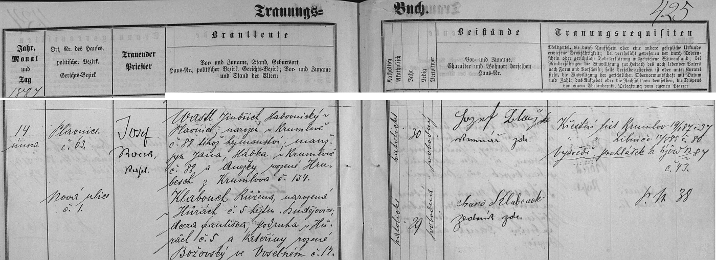 Záznam o opožděné svatbě rodičů 14. února 1887 v Českých Budějovicích