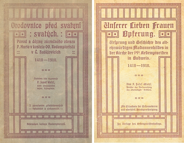 Obálky obou jazykových verzí jeho spisu, vydaného k 500. jubileu staroctihodného (v české verzi "zázračného") obrazu v klášterním chrámu Obětování Panny Marie
