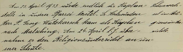 Odstavec jedné ze stránek malšínské školní kroniky zpravuje nás o jeho příchodu do Malšína v dubnu roku 1933 - den poté, co nastoupil místo kaplana, začal i zdejší děti vyučovat náboženství