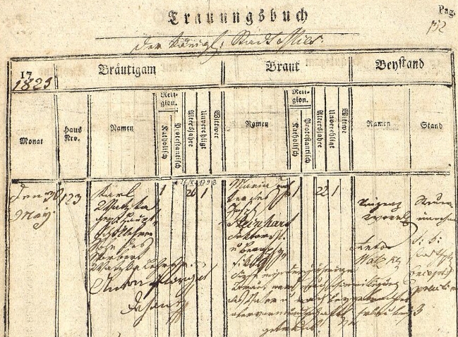 Záznam stříbrské oddací matriky o jeho prvé zdejší svatbě