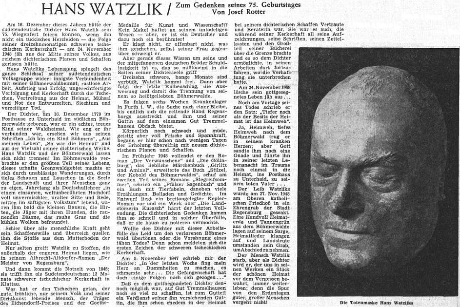 K nedožitým pětasedmdesátinám přinesl v prosinci 1954 ústřední list vyhnaných krajanů tento článek se snímkem posmrtné masky Watzlikovy