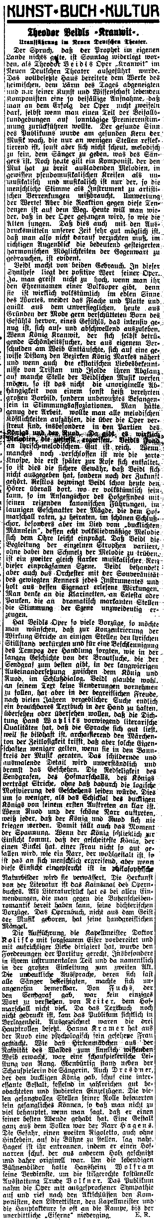 Recenze, jejíž autorem je Ernst Rychnovsky, na Veidlovu a Watzlikovu operu Kranwit, zveřejněná při její premiéře