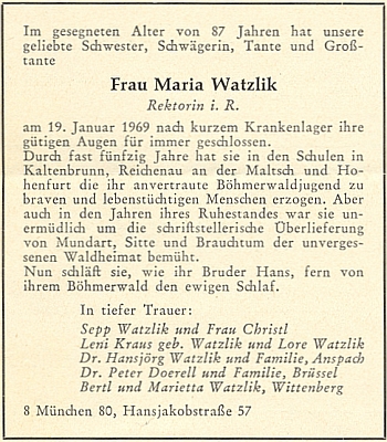 Parte na stránkách krajanského měsíčníku se jmény pozůstalých rozvětvené rodiny Watzlikových (někteří žili i ve východním Německu a Belgii)