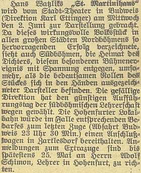 Přihlášky na zvláštní vlak z Českých Budějovic (odjezd 23,30 hod.) do Vyššího Brodu pro návštěvníky divadelního představení hry jejího bratra Hanse Watzlika "Sankt Martinihaus" (která prý "zaznamenala ve všech velkých severočeských městech vynikající úspěch"), režírované v roce 1926 v "německé sezóně" českobudějovického městského divadla Karlem Ettingerem (1880-1940), jehož příjmení zřejmě prozrazuje židovský původ, přijímá podle této zprávy Mariin vyšebrodský učitelský kolega Adolf Schimon, rodák z Rožmberka nad Vltavou