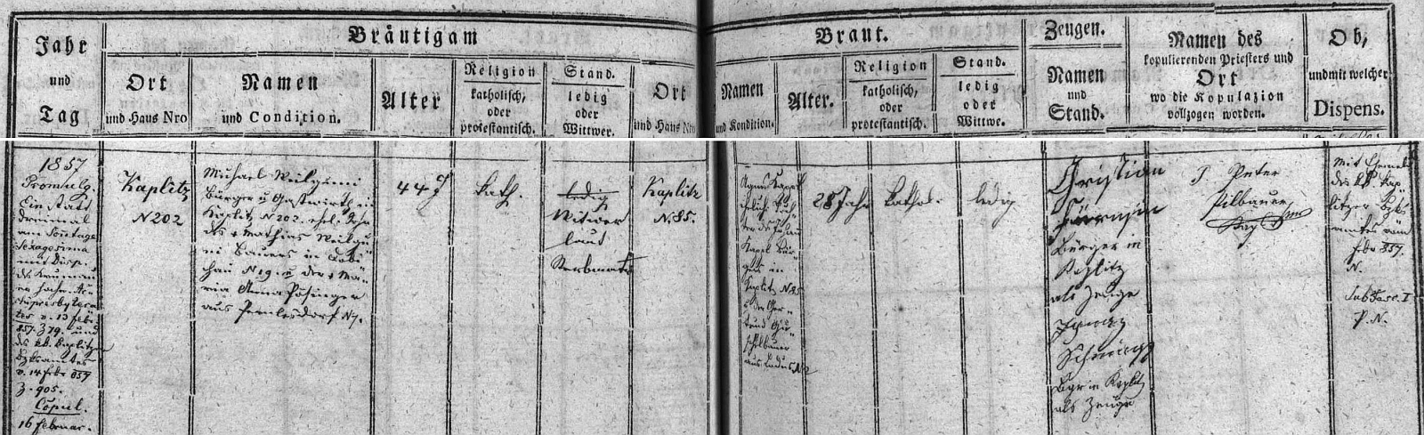 Záznam kaplické oddací matriky o tamní svatbě matčiných rodičů 16. února roku 1857