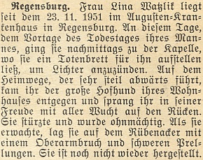 Zpráva z roku 1951 o jejím pobytu v řezenské nemocnici po zranění, které jí způsobil pes, vítající ji po návratu od kaple s manželovým umrlčím prknem