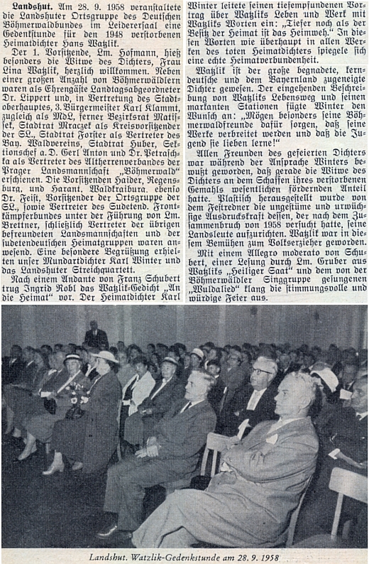 Pamětní shromáždění snad jen náhodou na den sv. Václava, nikoli jen k 10. výročí manželova skonu, konané roku 1958 v bavorském Landshutu za její účasti, jak o něm referoval krajanský měsíčník