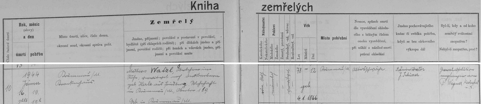Záznam o úmrtí v českokrumlovské knize zemřelých